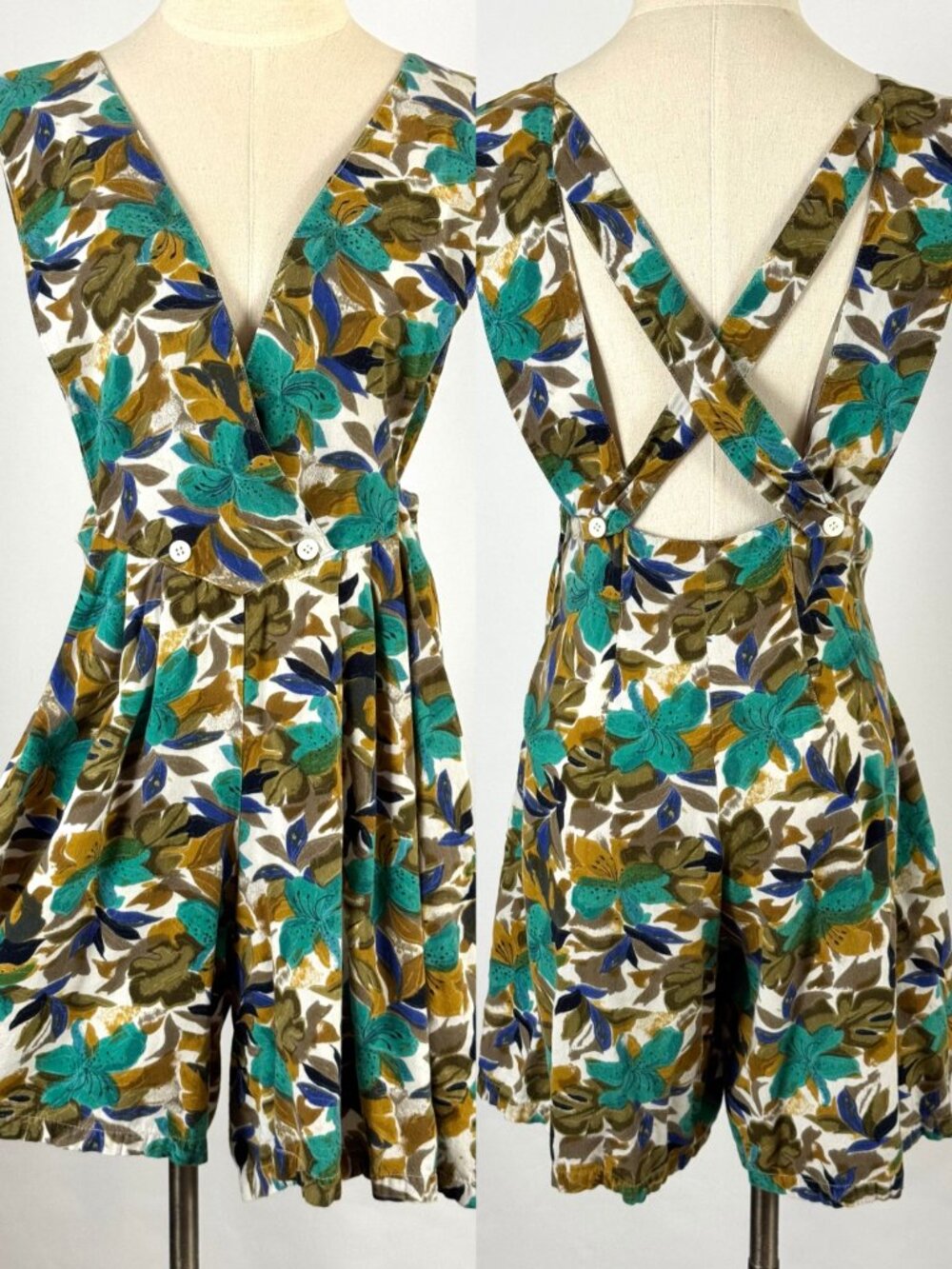 Vtg 90s Tropical Floral Hibiscus Romper Apron Front Rayon Sleeveless Buttons